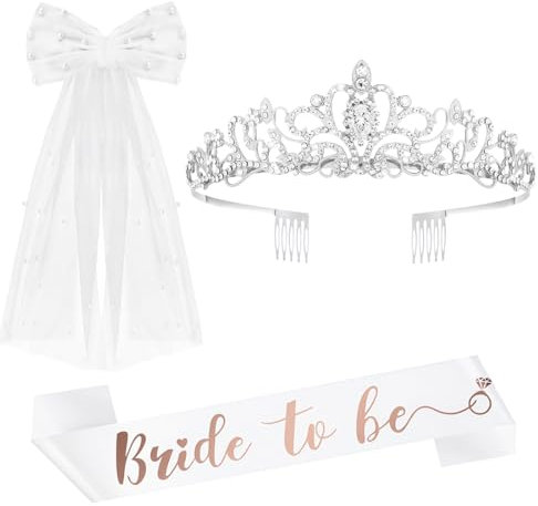 Addio al Nubilato Gadget, Bride to Be Decorazione, Velo Sposa, Satin Sash Fascia Addio al Nubilato, Tiara Corona di Cristallo, Kit Sposa Addio al Nubilato per la Notte delle Ragazze
