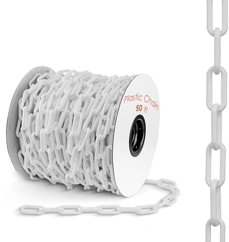 Houseables Plastic Chain, Safety Barrier, 2 Links, Light Weight, UV Protected, Accessory for Crowd Control, Queue Line, Decoration, Chains Link Fence (White, 50 Feet)