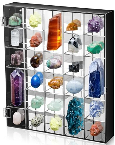 Cinnvoice Rock Display Case Adjustable Acrylic Display Case with Mirrored Crystal Organizer for Collectible, Crystal, Stones, Wall Mountable, Magnetic Door(Black Border,30 Grids,Square)
