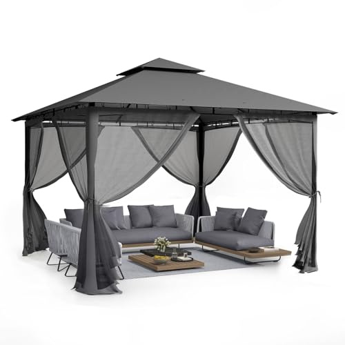 UDPATIO Pavillon 3,35x3,35m Wasserdicht Stabil Winterfest, Gartenpavillon mit Doppeldach, Moskitonetz und Metallrahmen, Doppeldach Gartenlaube für Garten, Terrassen, (Grau)
