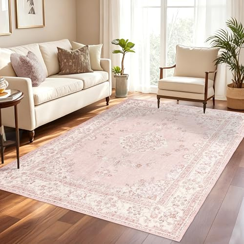 Brevonox 4x6 Area Rug Washable: Oriental Soft Area Rug for Living Room Bedroom No Shedding - Low Pile Thin Carpet Rug for Dining Room Non Slip - Boho Vintage Rug for Home Decor - Soft Pink
