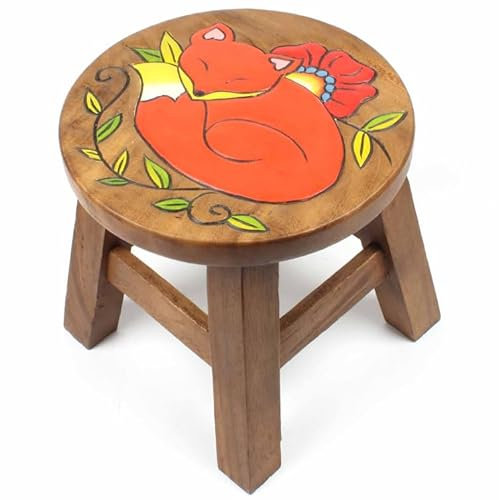 Buddha-Buddha Handgefertigter Holzhocker mit schlafendem Fuchs Design, 25 x 25 x 25 cm, Mangoholz, Thai Fair Trade