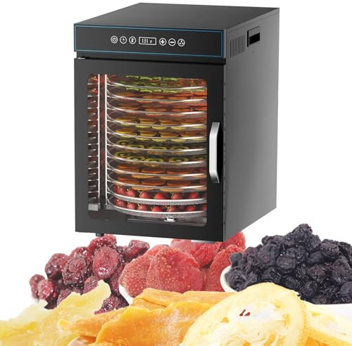 Rotary Food Dehydrator, 12 Shelf Stainless Steel Dehydrated Dryer for Fruits, Meat, Beef Jerky, Snacks - 24-Hour Timer & Temperature Control, 360 Rotating Tray, Electric Meat Drying Box,Black