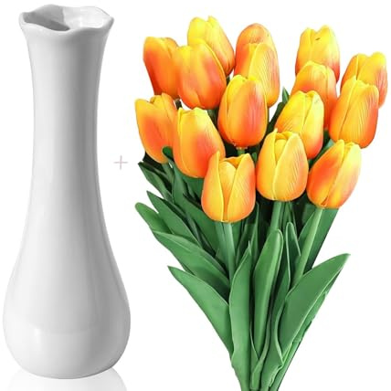 ZPPLD 15 Tulipanes Artificiales con JarróN,TulipáN Artificial,Tulipanes con Toque Real,Flor Falsa,Flores Artificiales LáTex Tacto Real, Ramos Boda para DecoracióN Bodas, Hogar Y JardíN