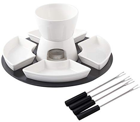 Service à fondue au chocolat – Deluxe avec 4 assiettes en céramique et fourchettes en acier inoxydable, facile à utiliser et à nettoyer, qualité durable pour des desserts amusants