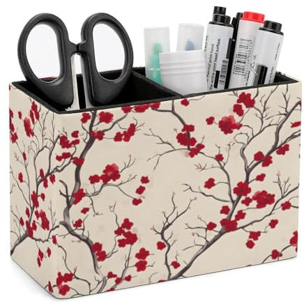 Quteprint Pot à stylos, crayons pour bureau – Porte-crayons en cuir synthétique – Pour bureau, maison, bureau et maison – Motif fleurs de cerisier japonais