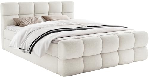 FurniDe24 Boxspringbett Leo mit 2 Bettkästen, Weiß, Bouclé, 180x200 cm | Doppelbett mit Taschenfederkernmatratze H3, 3 cm Topper, gepolstertem Kopf- und Fußteil und verstärktem Rahmen