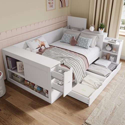 Gegtuon Bett 140x200 Doppelbett mit Nachttisch und Bücherregal, Schlafsofa