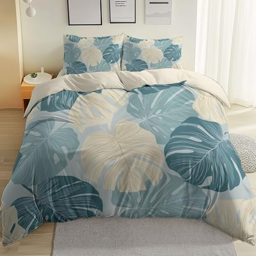 Duvet Cover Sets 220 x 260 cm, Reversible Soft Vintage Monstera Printed Duvet Set Super King Size Brushed Microfiber Hypoallergenic Quilt Cover Bedding Sets with 2 Pillowcases Easy Care, Beige