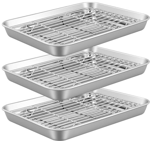 CHIHEUNG 6PCS Baking Tray with Wire Rack, Stainless Steel Oven Tray (3 Sheets + 3 Racks), Wire Rack Baking Tray for Baking, Cooking, 23.5x17.5 cm