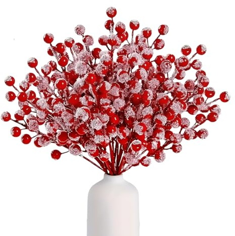 30 bacche rosse smerigliate per decorazioni natalizie, 22 cm, bacche rosse innevate artificiali, bacche di agrifoglio, decorazioni per albero di Natale, artigianato fai da te, ghirlande