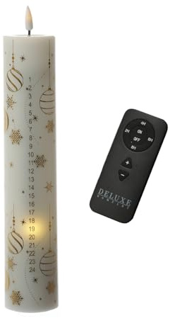 MARELIDA LED Adventskalenderkerze mit 24 Zahlen Deluxe Homeart Weihnachtskerze mit Fernbedienung und Batterien H: 25cm Echtwachs Adventskerze Kalenderkerze (weiß/gold)