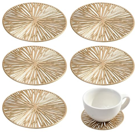 ZenithQuest Set of 6 Gold Round PVC Drink Coasters, Reusable Non‑Slip Cup Mats for Hot & Cold Beverages, Indoor Outdoor Beer Mats for Home Bar Garden Patio Tables