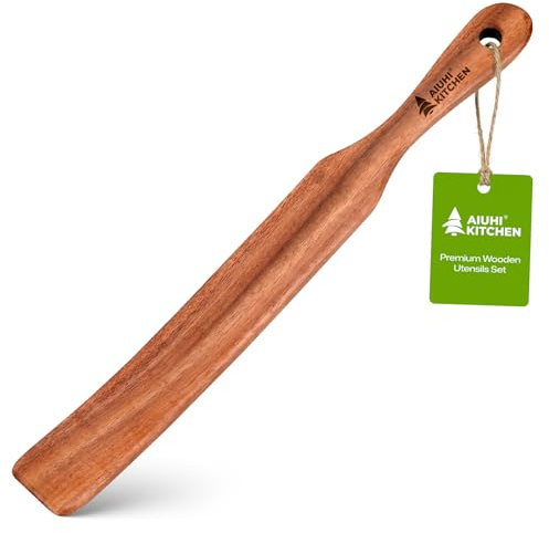 AIUHI Wooden Spurtle for Sourdough Starter, Teak Wood Spatula Turner for Kitchen, Dough Whisk for Stirring, Mixing and Scraping