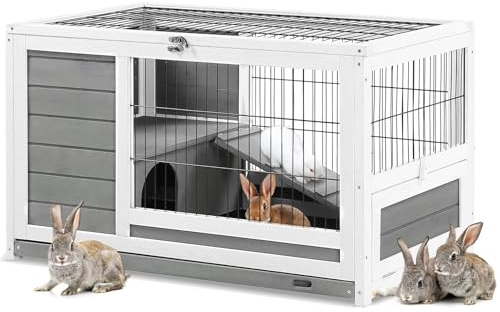YODOLLA Clapier en Bois, Clapier Lapin Exterieur & Intérieur, Clapier à Lapin, Porte Verrouillable Toit, Plateau en Plastique Amovible, Grillage métallique, 90 x 50 x 55 cm, Gris