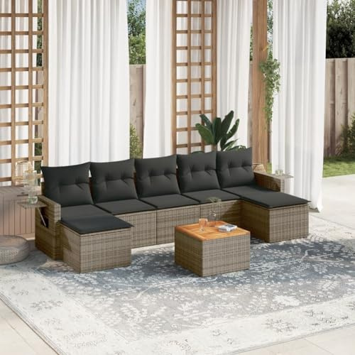 Frdhee Ensemble chaise longue de jardin, 8 pièces, avec coussin, en polyrotin, groupe de bancs d'angle pour terrasse et balcon Gris