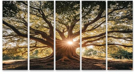 islandburner Tableau sur toile - Arbre puissant avec rayons de soleil - Toile 160 x 80 cm - 5 pièces XXL