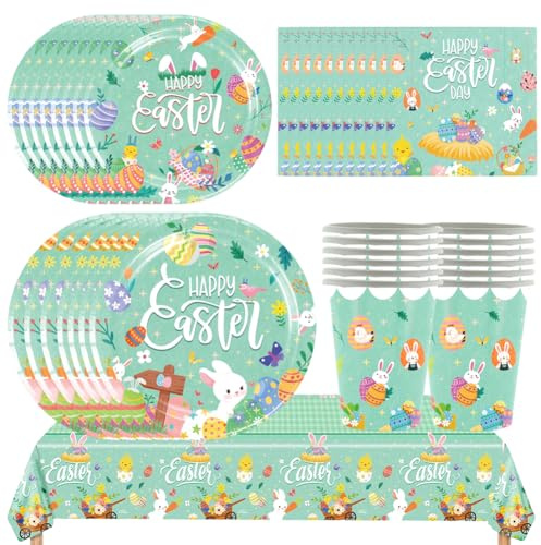 Set di Stoviglie Pasquali, 61 Pezzi Stoviglie per Feste di Pasqua, Stoviglie di Carta per Feste di Pasqua Tovaglie Piatti Bicchieri Tovaglioli Di Carta per 12 Ospiti