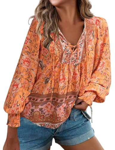 Damen Sommer Outfit Flower Power Damen Bluse Boho Style Tunika Langarm Hippie Weiß Musselin Oversized Rosa Oberteil Blumen Strandoutfit Sommer Orange M