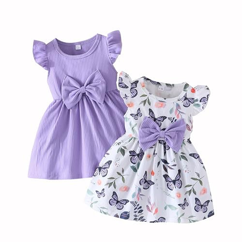 UUAISSO Vestito Estivo per Bambina Stampa a Farfalla Fiocco Volant Senza Maniche Grazioso Vestito a Pois Ragazze Abbigliamento Estivo