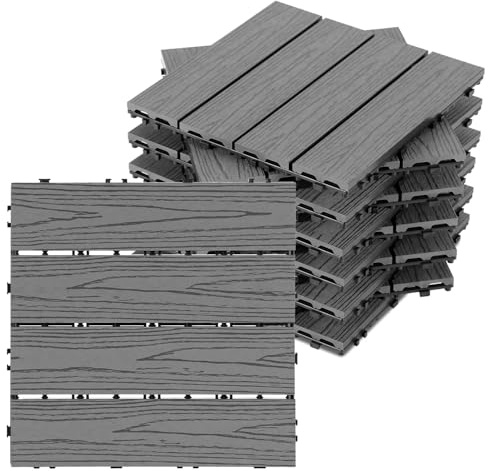 Peviasot WPC Terrassenfliesen Holzoptik, 30x30 cm WPC Fliesen 11 Stück=1m² Terrassendielen Balkonfliesen mit Klicksystem & Drainage, Wasserfest und Rutschfest, DunkelGrau