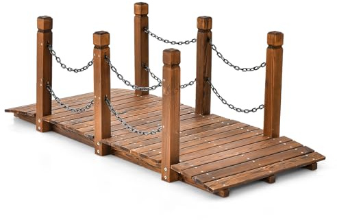 COSTWAY Brücke, Teichbrücke Gartenbrücke, 150 x 67 x 55 cm, Holzbrücke mit Geländern, Zierbrücke begehbar, Dekobrücke aus Massivholz, bis 120 kg, für Garten, Teich, Bach, Bauernhof, Braun