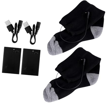 GOOHOCHY Calcetines Calefactores de Invierno USB Batería Recargable, Calcetines Térmicos de Poliéster Negro y Gris, Paquete de 1 Par 2 Cajas de Batería y 2 Cables USB para Esquí