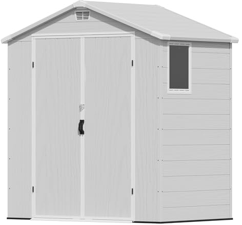 Devoko Gartenhaus Kunststoff 185x121x210 cm Gerätehaus mit Boden, Hellgrau | Zwei integrierte Lüftungsschlitze, Doppelwand-Stecksystem-Platten, Satteldach, Acrylfenster