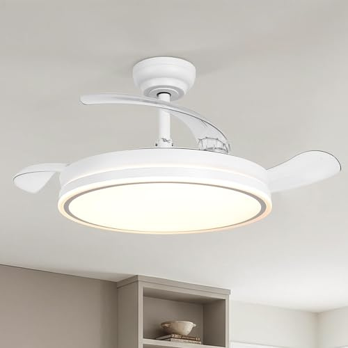 Parrot Uncle 106cm Ventilador de Techo con Aspas Retráctiles y Luz Regulable 3000/4000/6500K,Motor DC Silencioso 30W,6 Velocidades,Función Invierno-Verano,Mando Distancia,Blanco para Dormitorio Salón