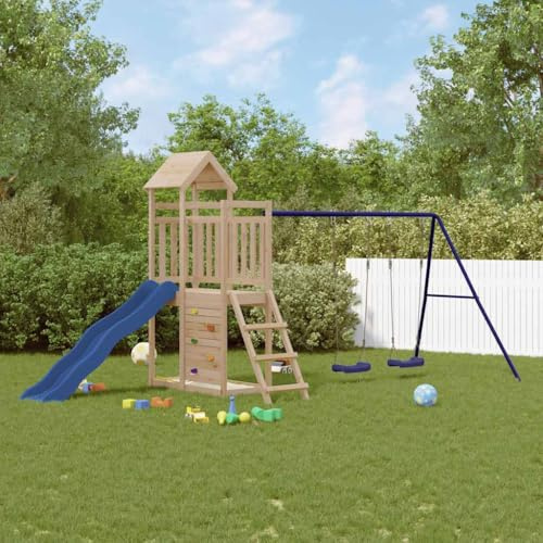 mzdioop Torre de juego de madera maciza de pino con tobogán y columpio doble, estructura de escalada con escalera, caja de arena y tobogán ondulado para jardín y terraza