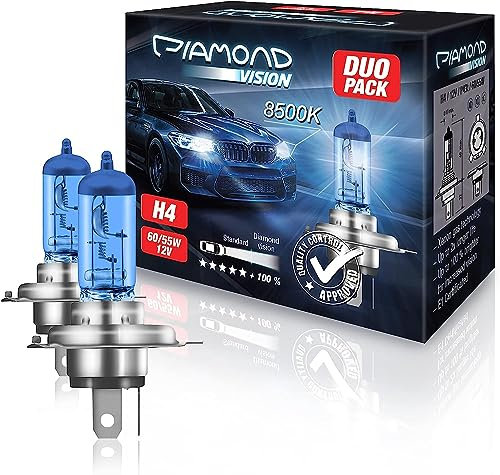 Diamond Vision 2x H4 12V 60/55W | Xenon Look | Halogen KFZ Autolampen | 8500k Super Ultra White | zweimal so langlebig | Duobox | E-Prüfzeichen | P43t