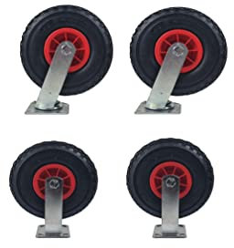 4 x Sackkarrenräder, 2 x mit kugelgelagerter Lenkrolle und 2 x mit Bockrolle, Gummirad 3.00 – 4, rote Kunststofffelge mit Nadellager, Tragkraft 100kg, ø=260mm, Hersteller HKB, Artikel-Nr. 20308