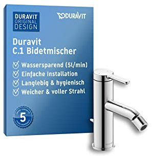 Duravit C.1 Einhebel-Bidetarmatur (Auslauf Höhe 70 mm), Bidetmischer mit Zugstangen-Ablaufgarnitur, Keramikkartusche und Temperaturbegrenzung, Chrom
