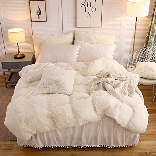 LIFEREVO Luxury Plush Shaggy Duvet Cover Set, Soft Velvet Fluffy Furry Duvet Cover Set(1 Faux Fur Fuzzy Comforter Cover + 2 Pompoms Pillow Cases) Bedding Set, Zipper Closure(Full/Queen, Light Beige)