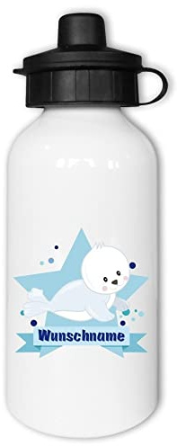 Samunshi® Kinder-Trinkflasche mit Baby Robbe und Namen als Motiv für Schule Sport Freizeit personalisierbar Baby Robbe