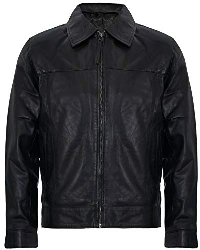 Infinity Leather Cuello Clásico de Cuero Genuino Negro Elegante de Harrington Para Hombres XL