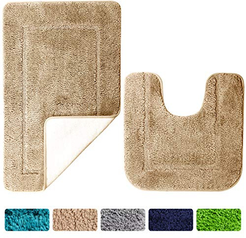 SOANNY Badrumsmatta 2-delars set, mjuk mikrofiber badrumsmatta, halkfri och vattenabsorberande, 53x86 cm badmatta & 50x50 cm WC-matta, Beige