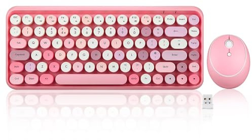 Perixx PERIDUO-713 Wireless 2.4 GHz Cute Keyboard and Mouse Combo, Retro Round Key Caps, UK Layout, Pastel Pink