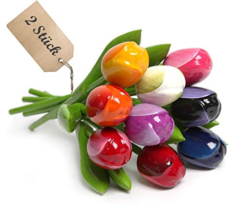 Set of 2 Wooden Tulip Bouquets - 9 Tulips Each, Height 21cm, Hand Painted Decoration Flowers Made in Holland