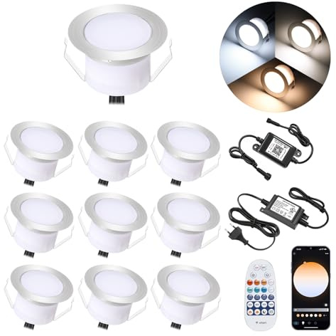 GEYUEYA Home Bodenstrahler Außen CCT(Warmweiß+Neutralweiß+Kaltweiß) LED 10er Set WLAN, Bodeneinbaustrahler Aussen, IP67 Wasserdicht, DC12V, Ø45mm