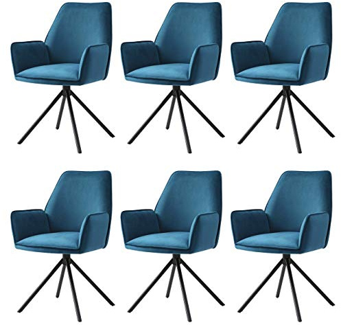 Mendler 6er-Set Esszimmerstuhl HWC-G67 Samt - türkis-blau, Beine schwarz | Küchenstuhl, Armlehne, drehbar Auto-Position, MVG