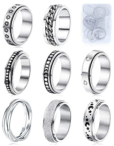 Fidget ringar för ångest 8 st spinnring i rostfritt stål anti-ångestring snurrande måne stjärna cool stressavlastande ringar för kvinnor män, 5 UK, Rostfritt stål, Kubisk zirkonia