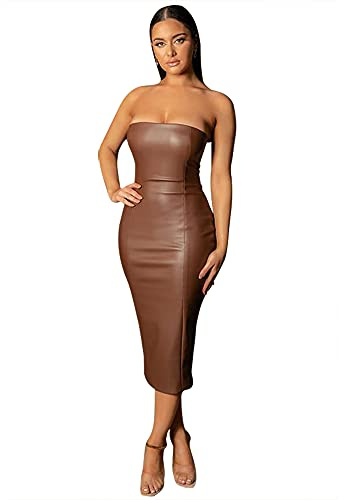 XLLAIS Vestido Sexy sin Tirantes para Mujer, Vestido Midi con Hombros Descubiertos, Vestido de Piel sintética para Fiesta, Marrón, Small
