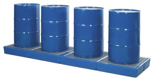 Denios Auffangwanne aus Polyethylen | verzinkter Gitterrost | blau-silber | BxHxT 3000 x 150 x 790 mm | Volumen 235 Liter | 5 Fässer | Arbeitssicherheit Notfall-Umweltschutz-Produkte