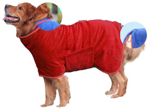 Hixingo Hundebademantel Mittelgroße Hunde, Hundehandtuch Extra Saugfähig Mikrofaser Badetuch mit Klettverschluss Verstellbar Haustier Handtuch für Kleine, Hunde Große und Katzen (Rot,XL-60cm Back)