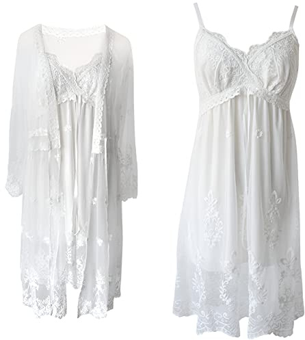 Jamron Donna 2 Pezzi retrò Set di Camicia da Notte con Scollo a V e con Cinturino Regolabili e Vestaglia Elegante Abbigliamento da Notte per Sposa Nozze Festa & Loungewear Bianco M