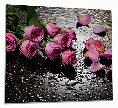 Wallario Herdabdeckplatte/Spritzschutz aus Glas, 1-teilig, 60x52cm, für Ceran- und Induktionsherde, Pinke Rosen mit Wassertropfen