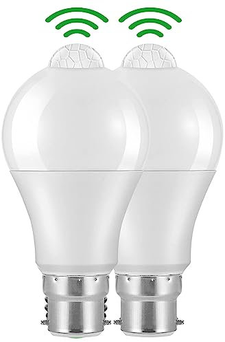 Weskjer Lampadine a LED B22 con sensore di movimento, confezione da 2 lampadine a baionetta a LED B22, 12 W, 1020 lm, 6000 K, bianco freddo, CIR>85, IP42, impermeabili, a risparmio energetico