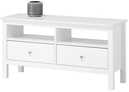 hagge home TV Schrank Holz 110x40 TV Board Holz Fernsehtisch Massivholz TV Lowboard Wohnzimmer Fernsehschrank TV Bank TV Tisch TV Kommode Weiss TV Table Sideboard Kleiner Fernseher Tisch Weiß