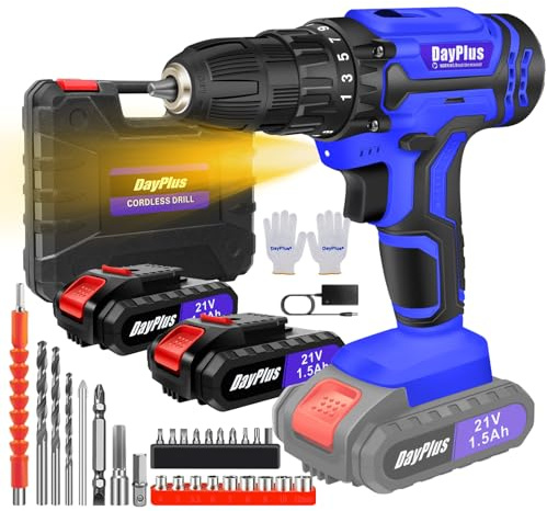 Cordless Drill Screwdriver 21V 45Nm Electric Drilling Machine with 2PCS Li-Ion Battery, 3/8 Chuck, 25+1 Torque Setting, 2 Speed, 26pcs Drill Bits, Hammer Drill with LED Light&Carry Case